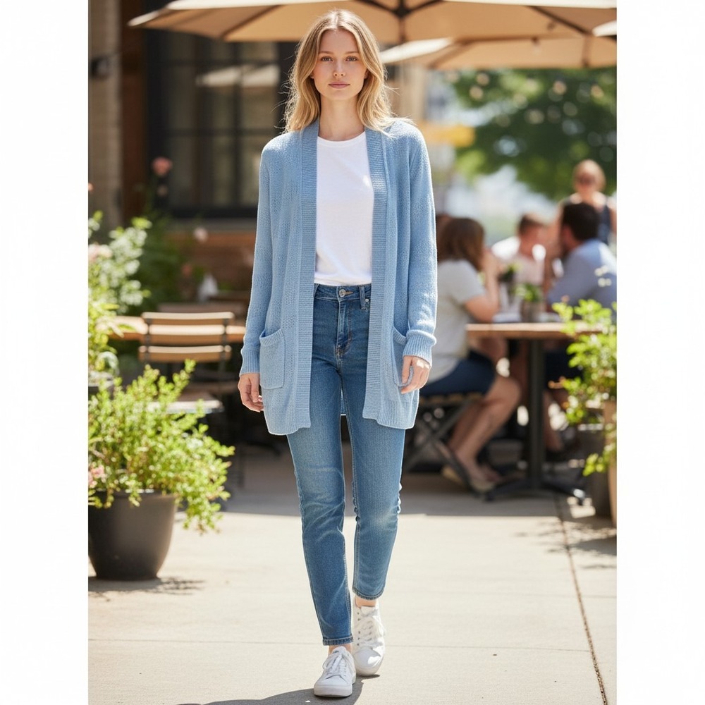 Talbots Linen Cardigan Sweater 1XP Blue Open Front Pockets‎ Lightweight Plus